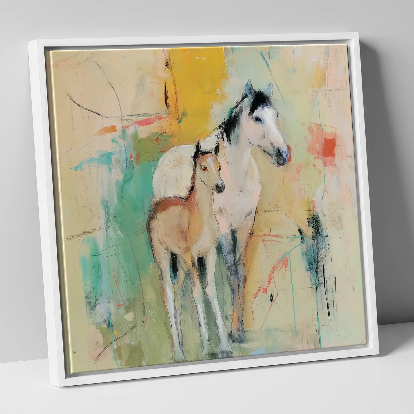 Gentle Guardianship mare & foal canvas wall art in white frame