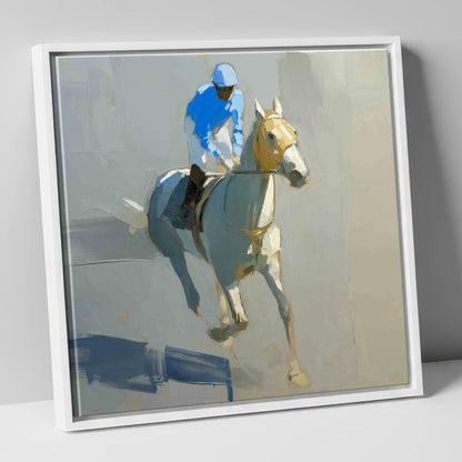 The Blue Silk Focus racing horse canvas wall art in white frame