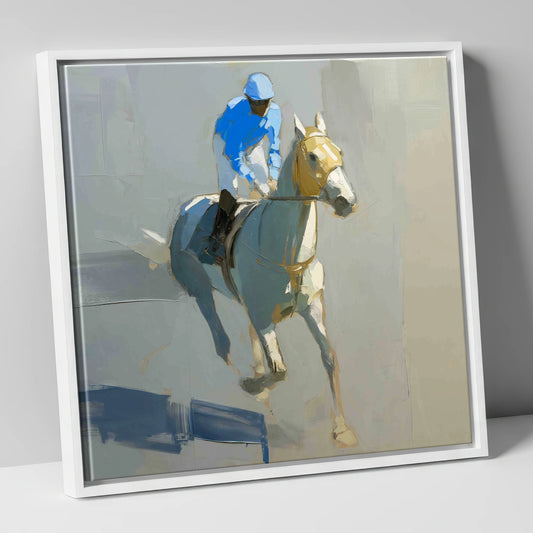 The Blue Silk Focus racing horse canvas wall art in white frame
