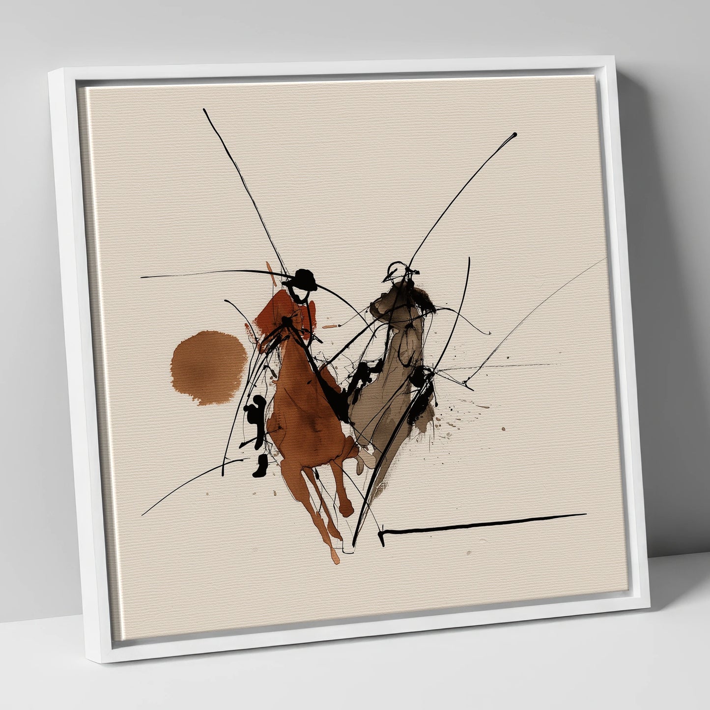The Ride-Off polo horse canvas wall art in white frame