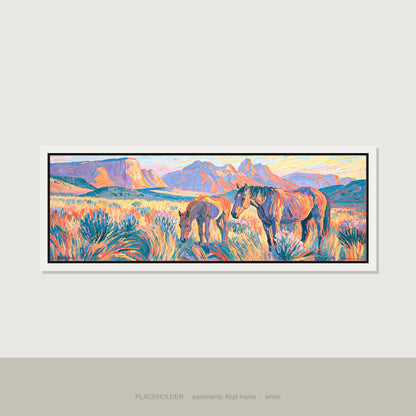 Painted Valley Grazing Horse Landscape panoramic canvas wall art in white float frame