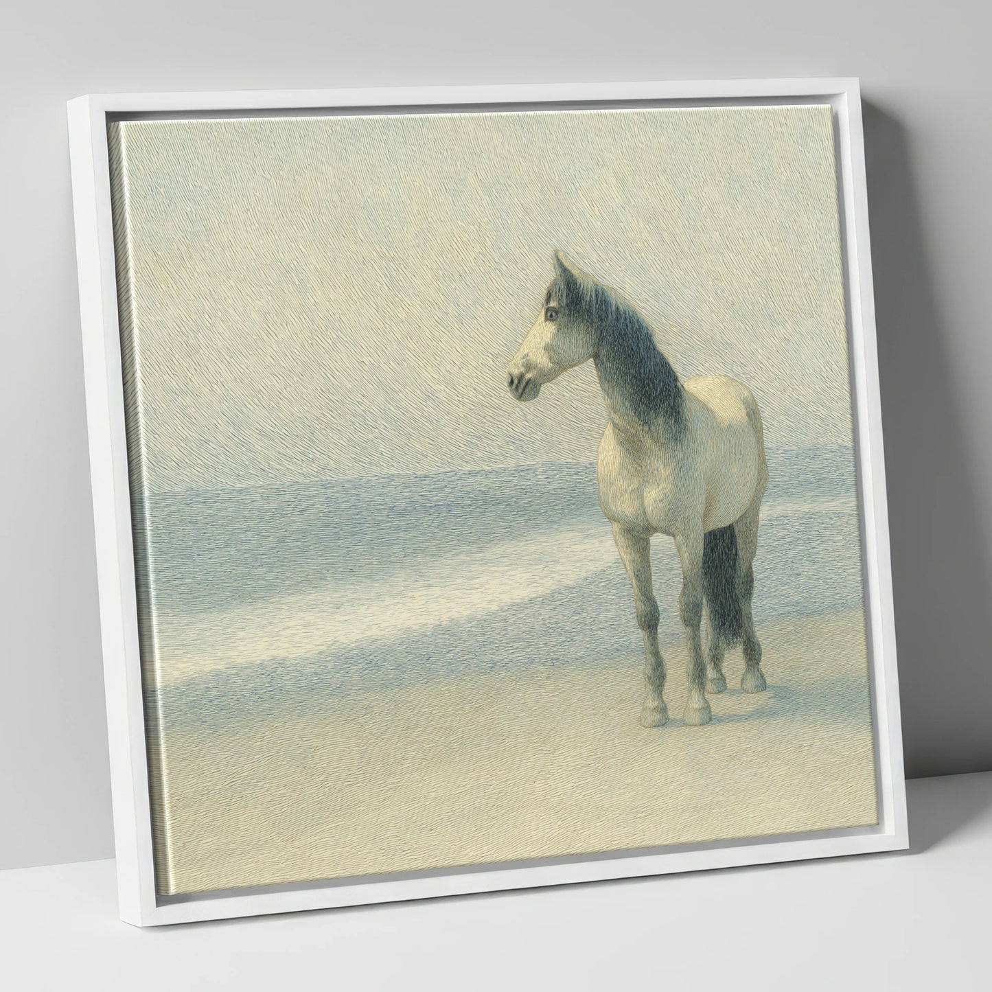 Solitary Shoreline Grey horse landscape canvas wall art in white frame