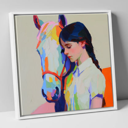 Vibrant Bond horse & rider canvas wall art in white frame