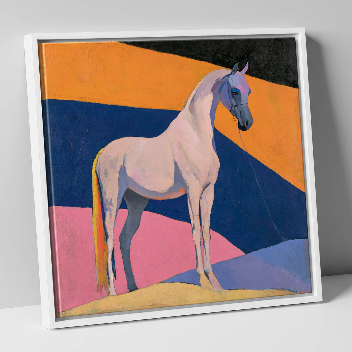 Grey Arabian Against Geometric Colours horse breed canvas wall art in white frame