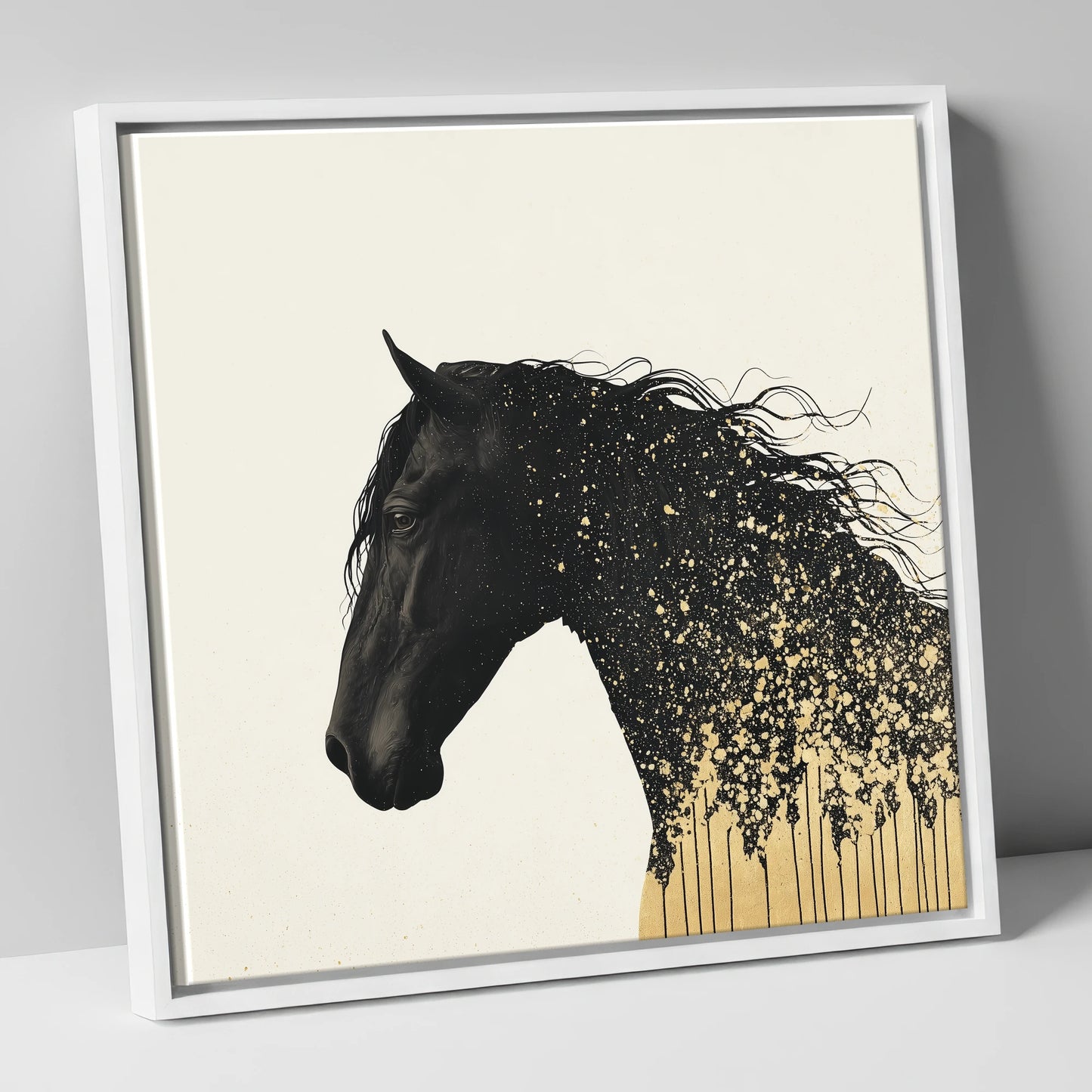 Gilded Midnight Equine horse breed canvas wall art in white frame