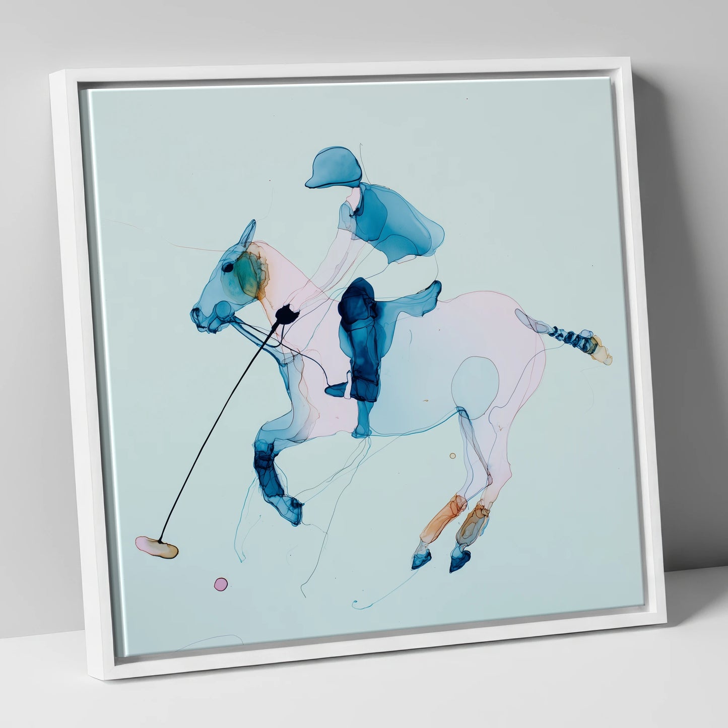 Ethereal Polo Strike polo horse canvas wall art in white frame