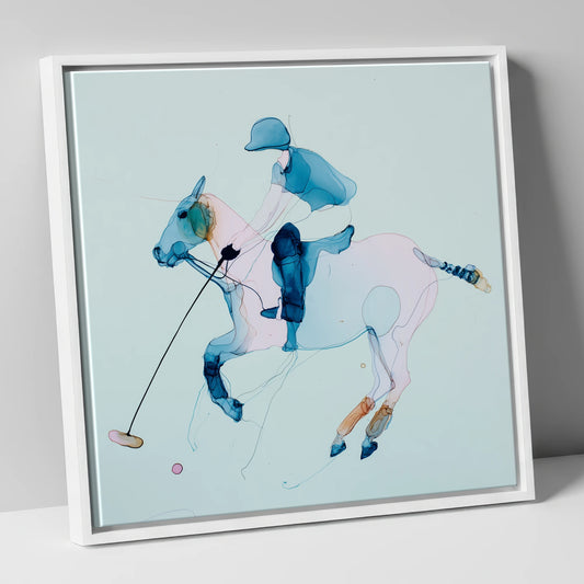 Ethereal Polo Strike polo horse canvas wall art in white frame