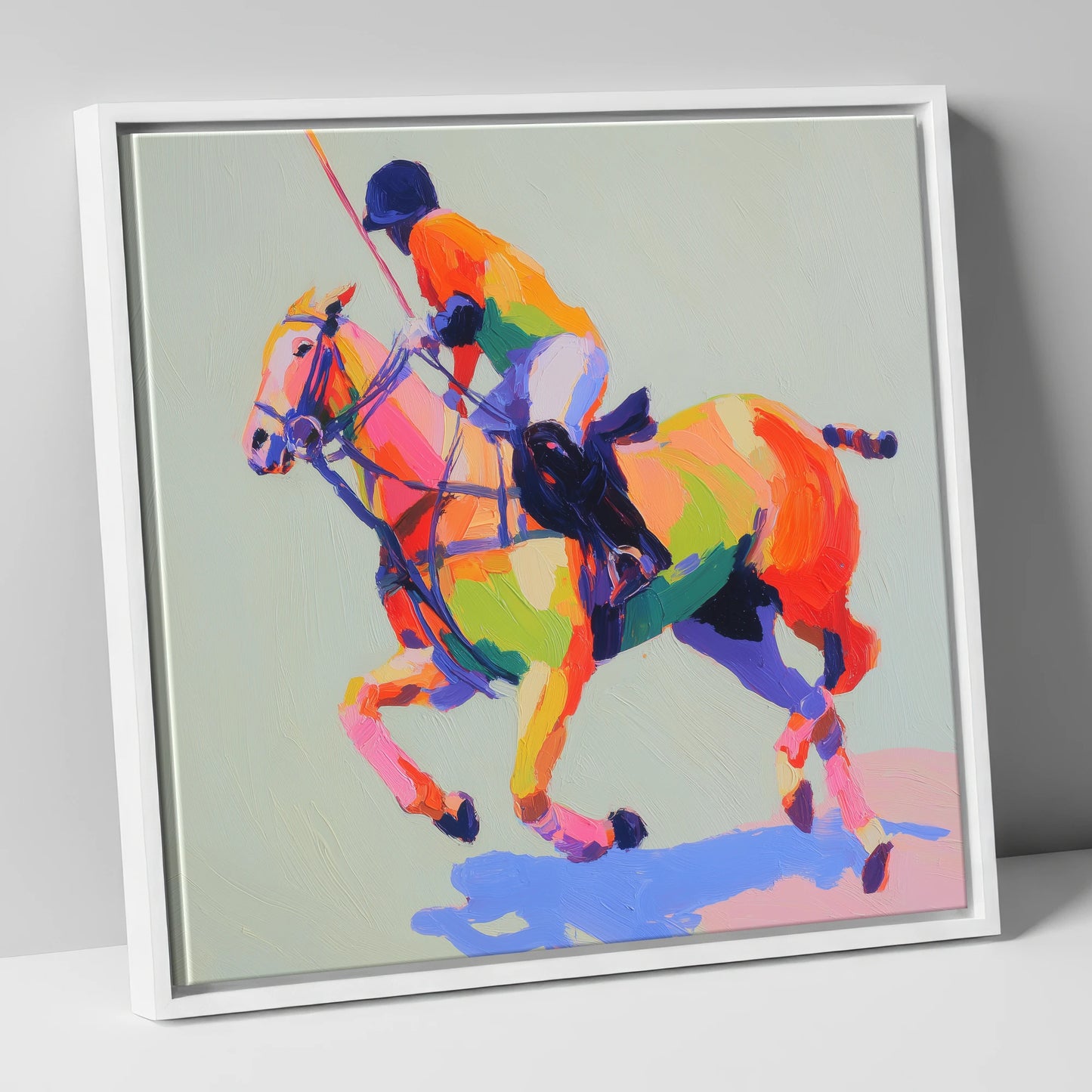 Technicolour Polo Stride polo horse canvas wall art in white frame
