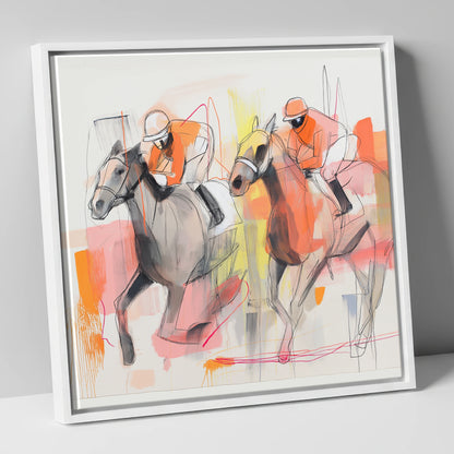 Vibrant Pursuit racing horse canvas wall art in white frame