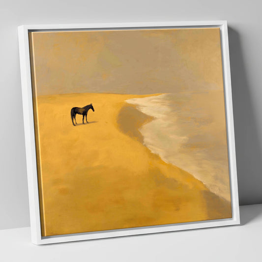 Golden Shoreline Solitude horse landscape canvas wall art in white frame