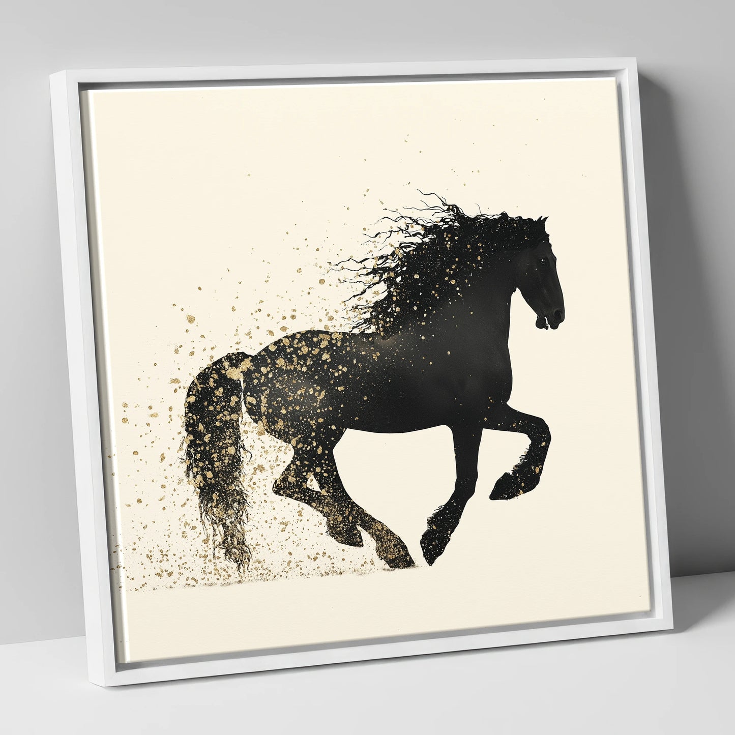 Midnight Gold Friesian horse breed canvas wall art in white frame