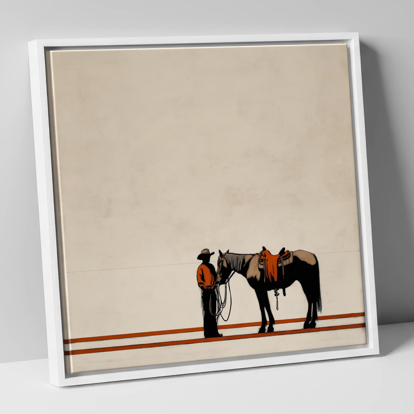 The Quiet Horizon western horse canvas wall art in white frame