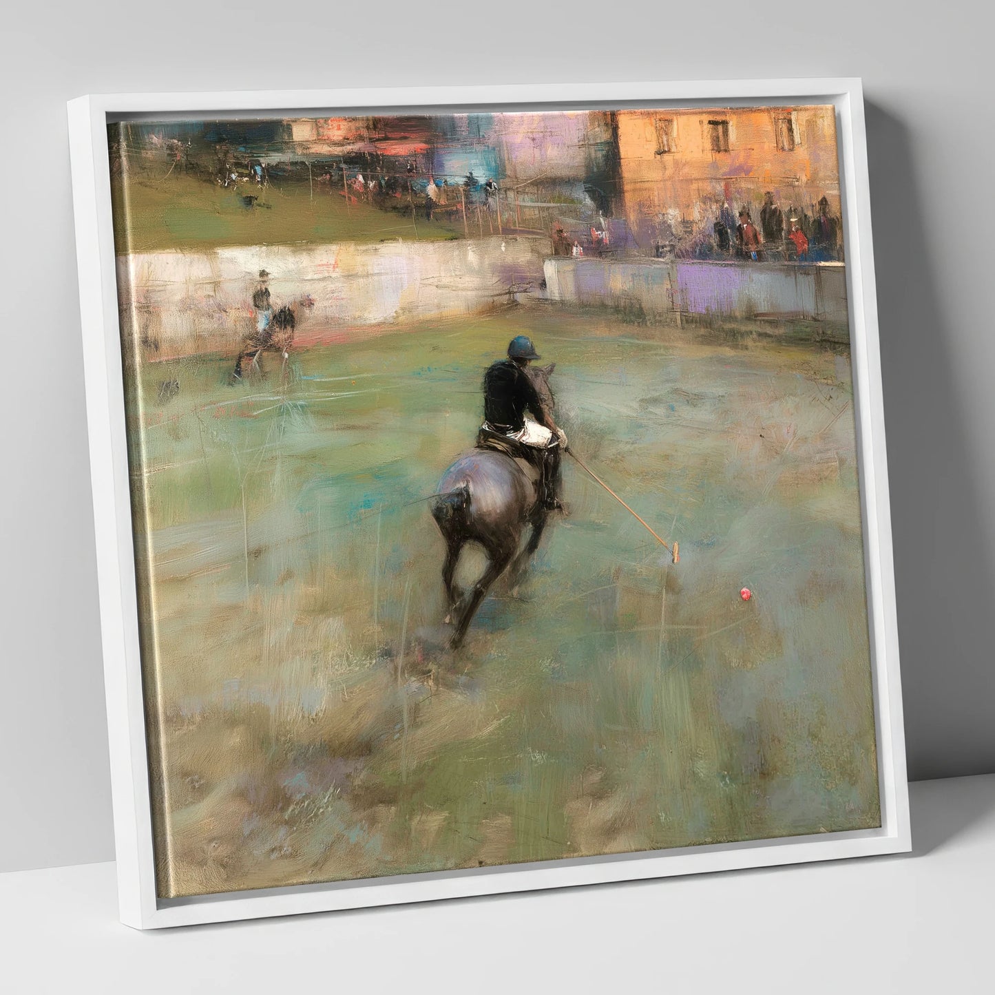 The Breakaway Drive polo horse canvas wall art in white frame