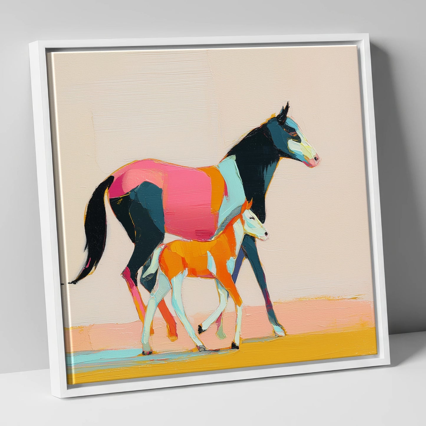 Vivid Strides mare & foal canvas wall art in white frame