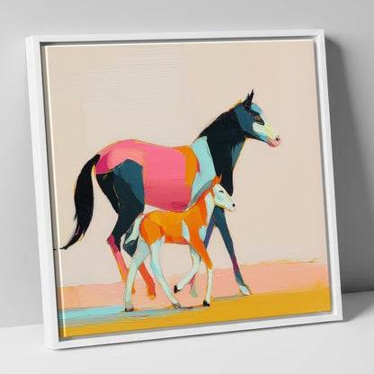 Vivid Strides mare & foal canvas wall art in white frame