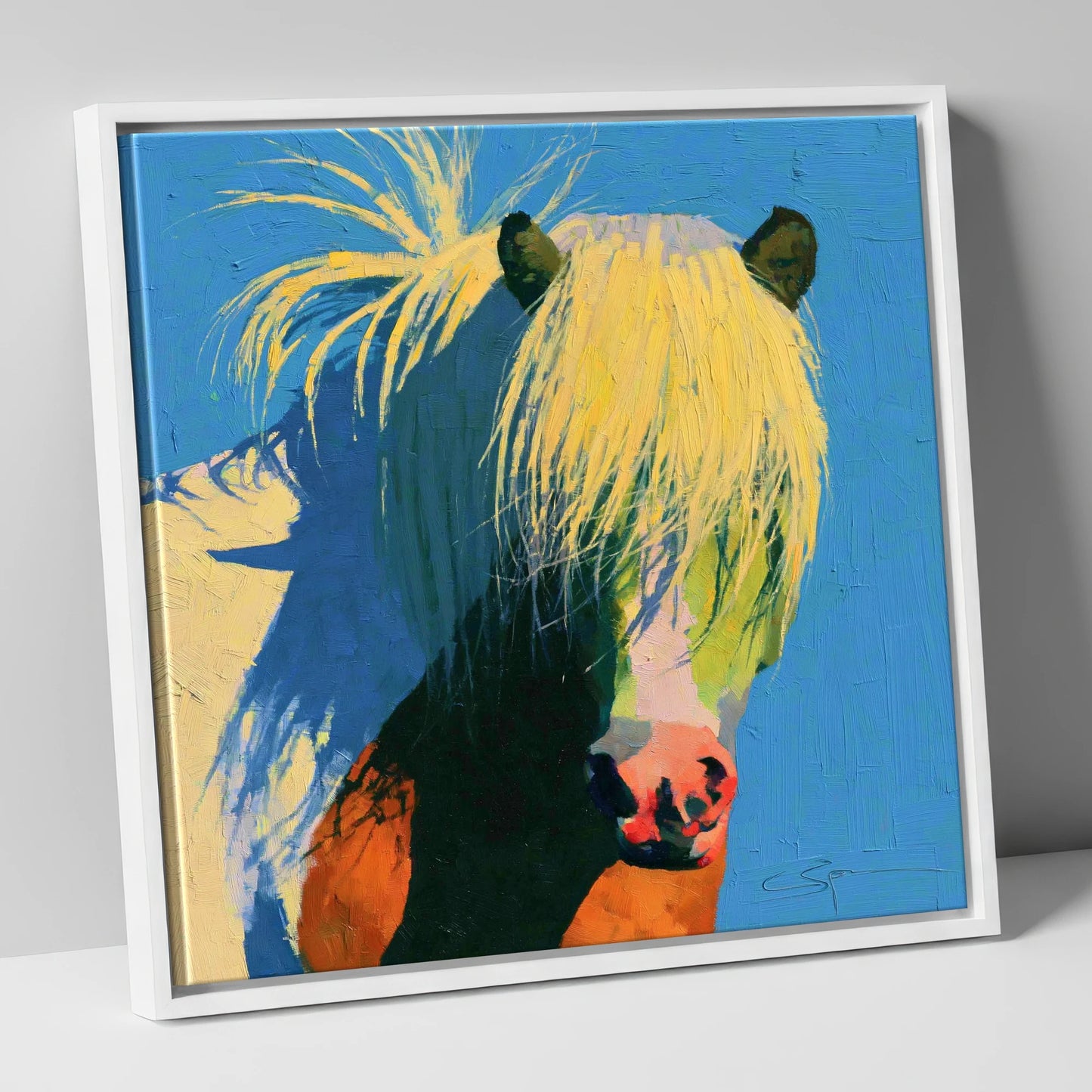Thick Maned Pony in Blue horse breed canvas wall art in white frame