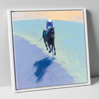 Morning On The Gallops racing horse canvas wall art in white frame