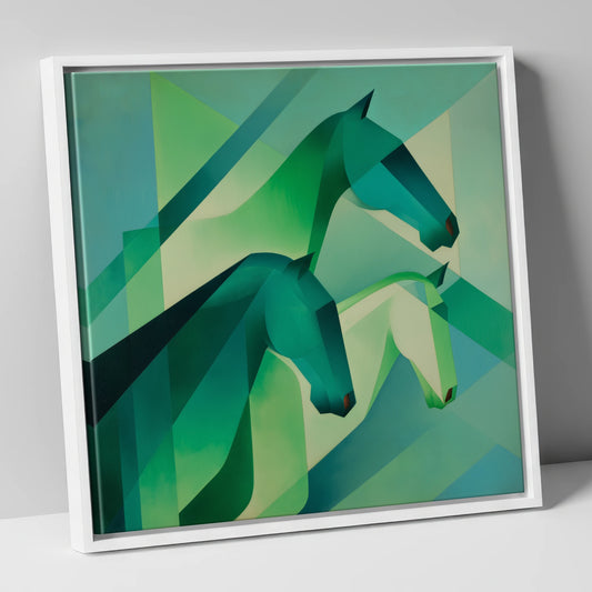 Emerald Equine Rhythms wild horses canvas wall art in white frame