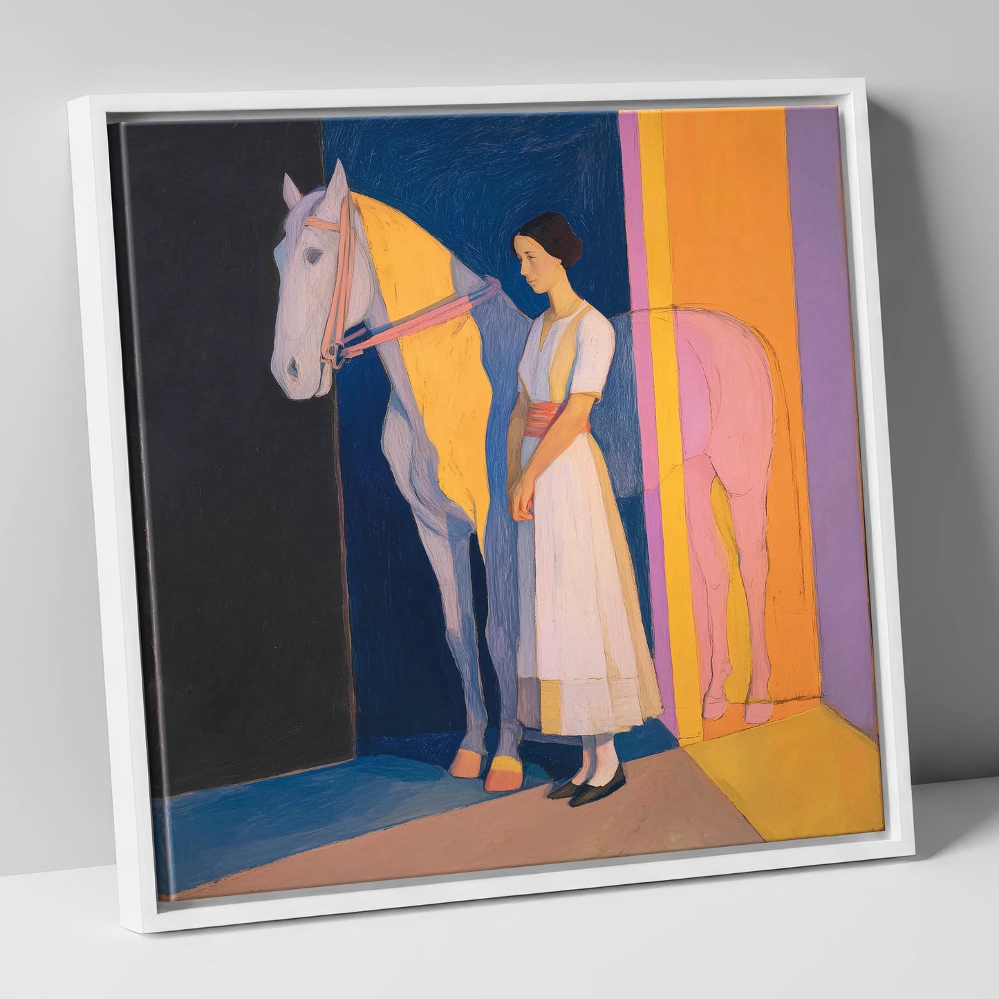 Modernist Equine Harmony horse & rider canvas wall art in white frame