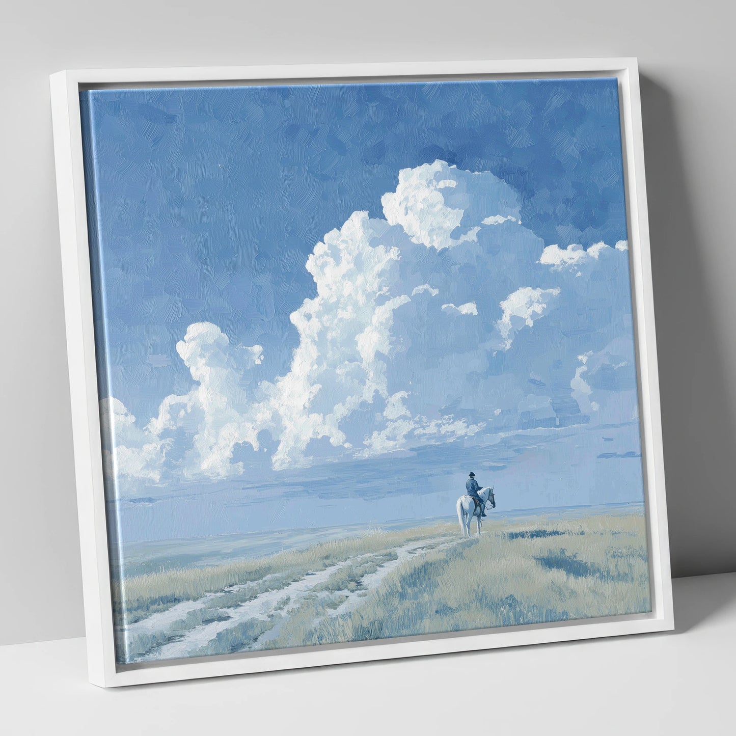 Vast Blue Horizon horse landscape canvas wall art in white frame