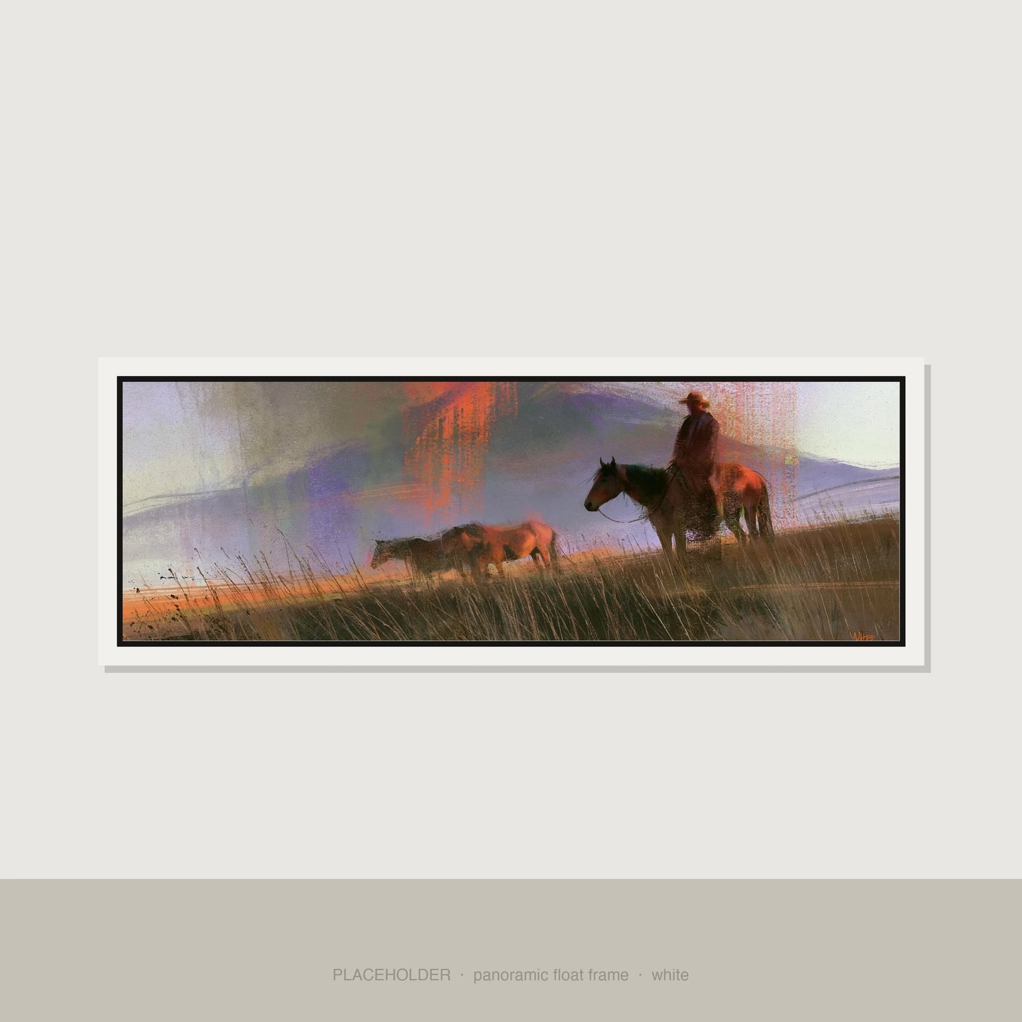 Trail Through Violet Skies Horse Landscape panoramic canvas wall art in white float frame