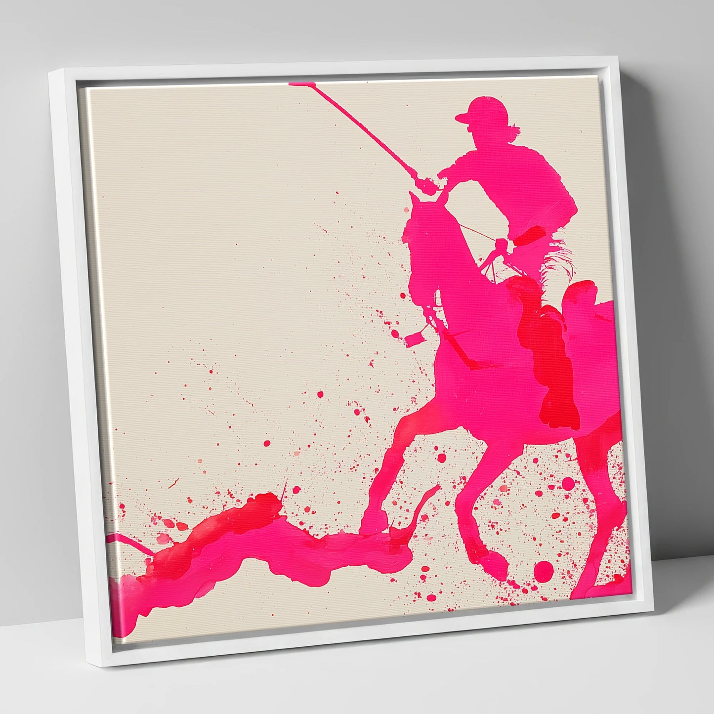 Vibrant Polo Strike polo horse canvas wall art in white frame
