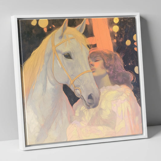 Starlit Bond horse & rider canvas wall art in white frame