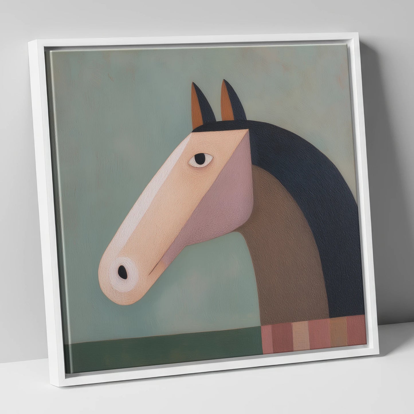 Modernist Equine Form horse portrait canvas wall art in white frame