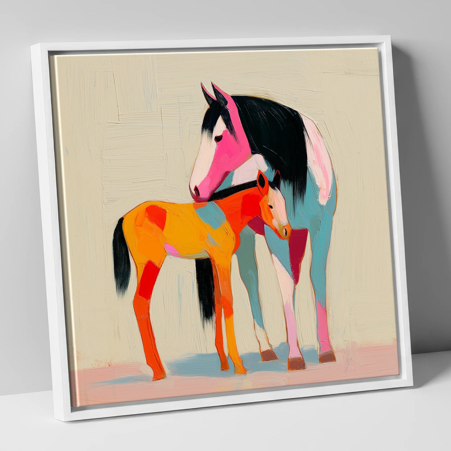 Vivid Maternal Bond mare & foal canvas wall art in white frame