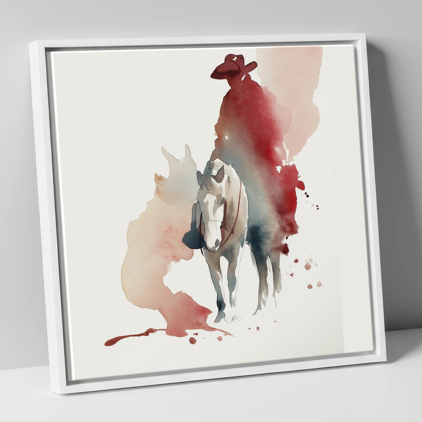 The Crimson Rider western horse canvas wall art in white frame