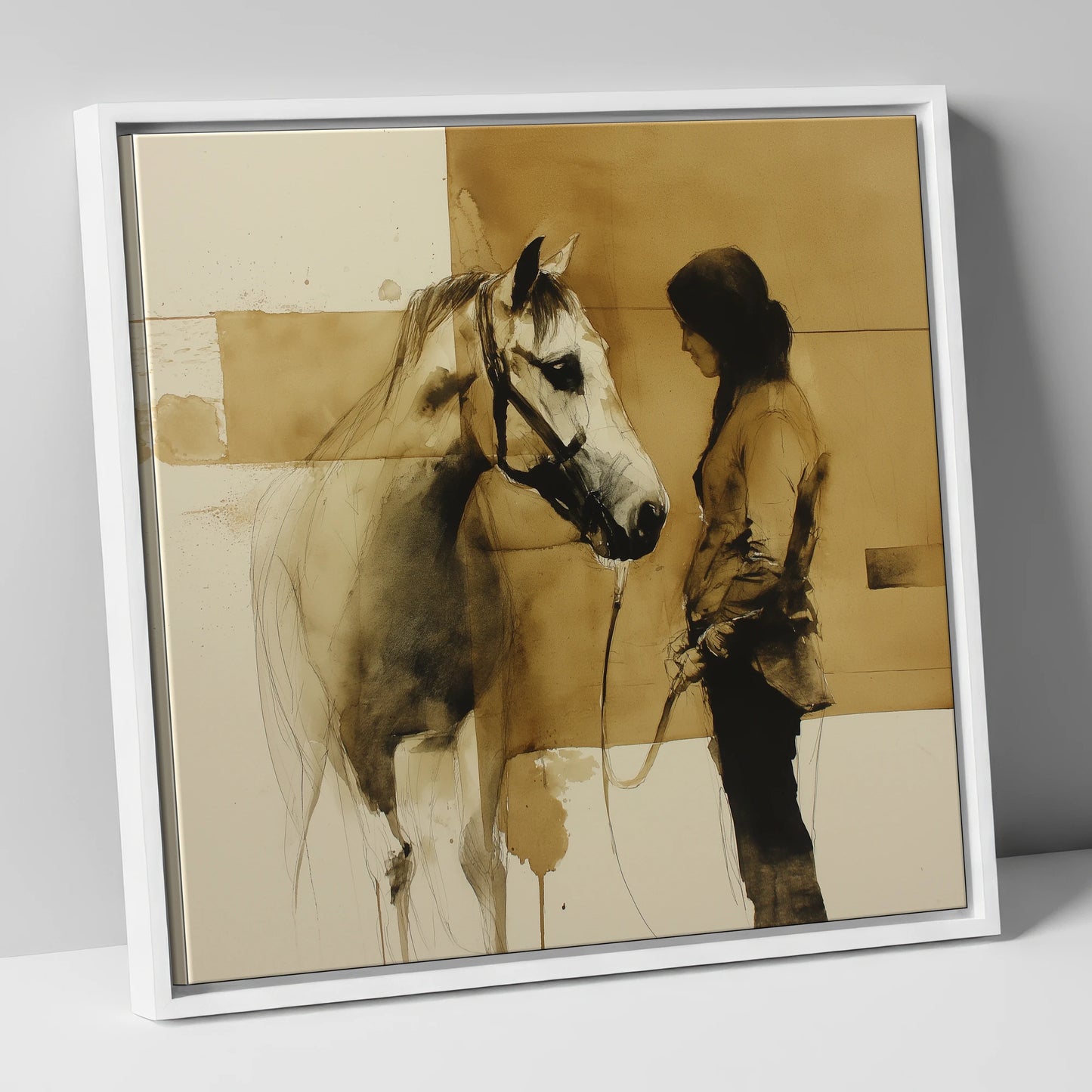 Silent Dialogue horse & rider canvas wall art in white frame