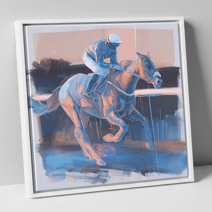 Cobalt Stride racing horse canvas wall art in white frame