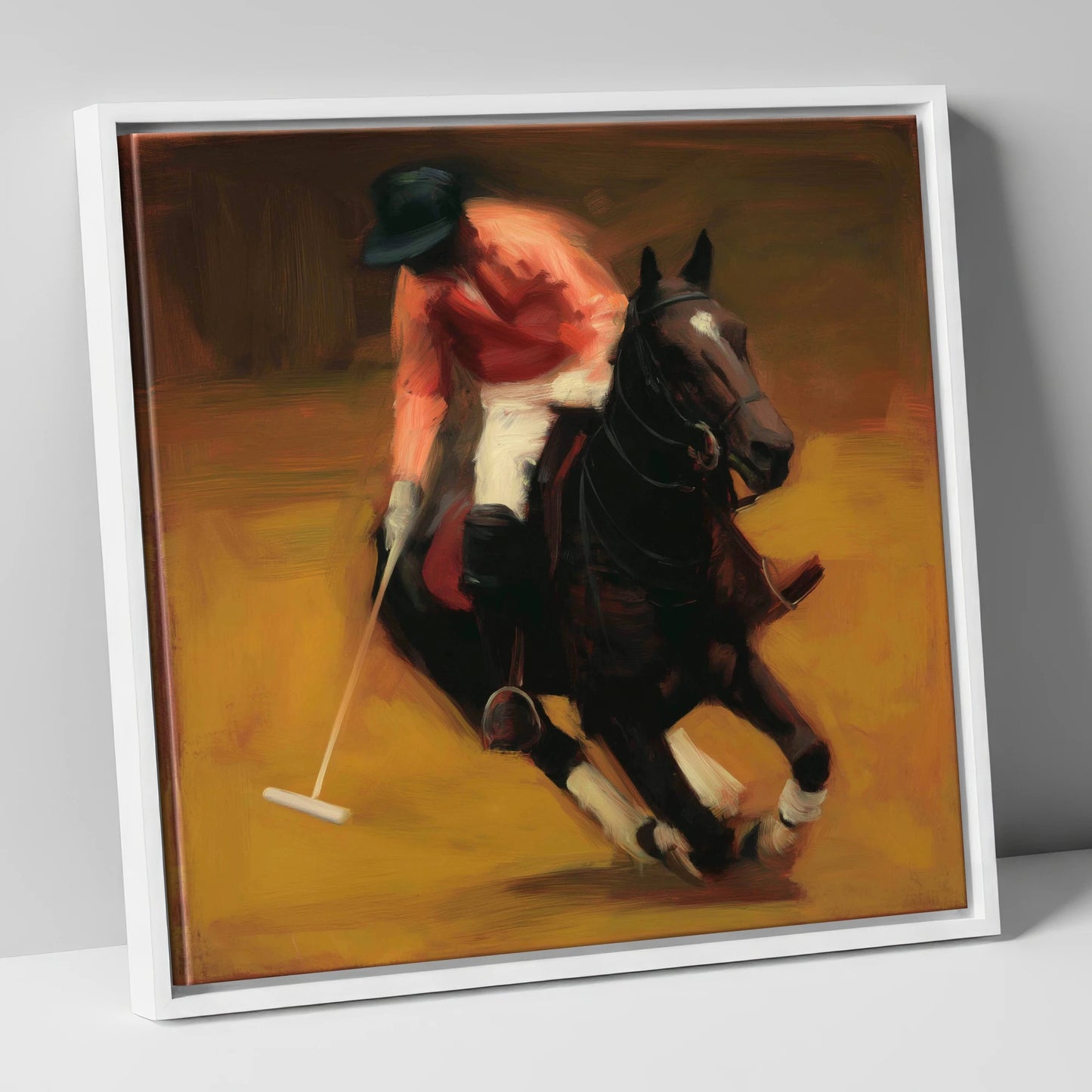 Heat of the Chukka polo horse canvas wall art in white frame