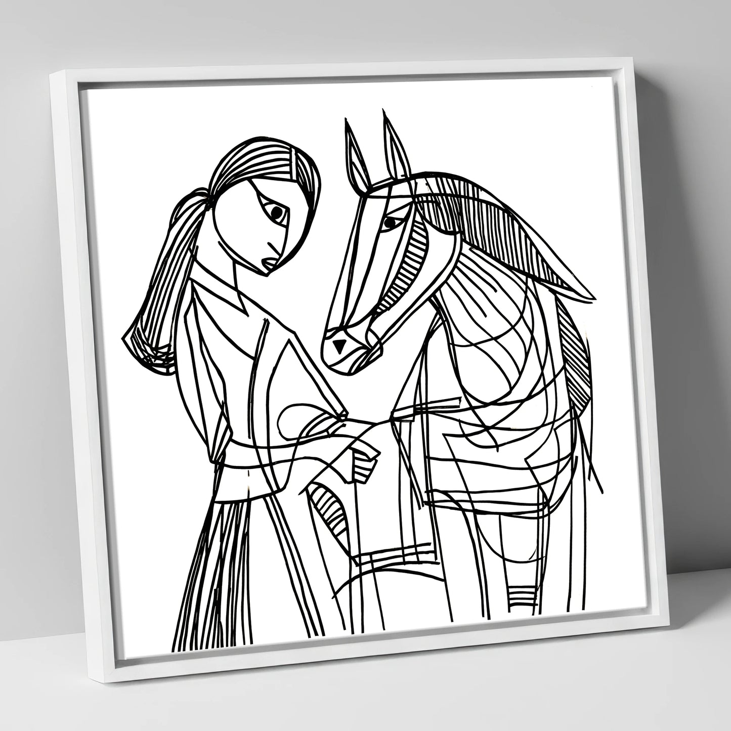 Lines of Connection horse & rider canvas wall art in white frame