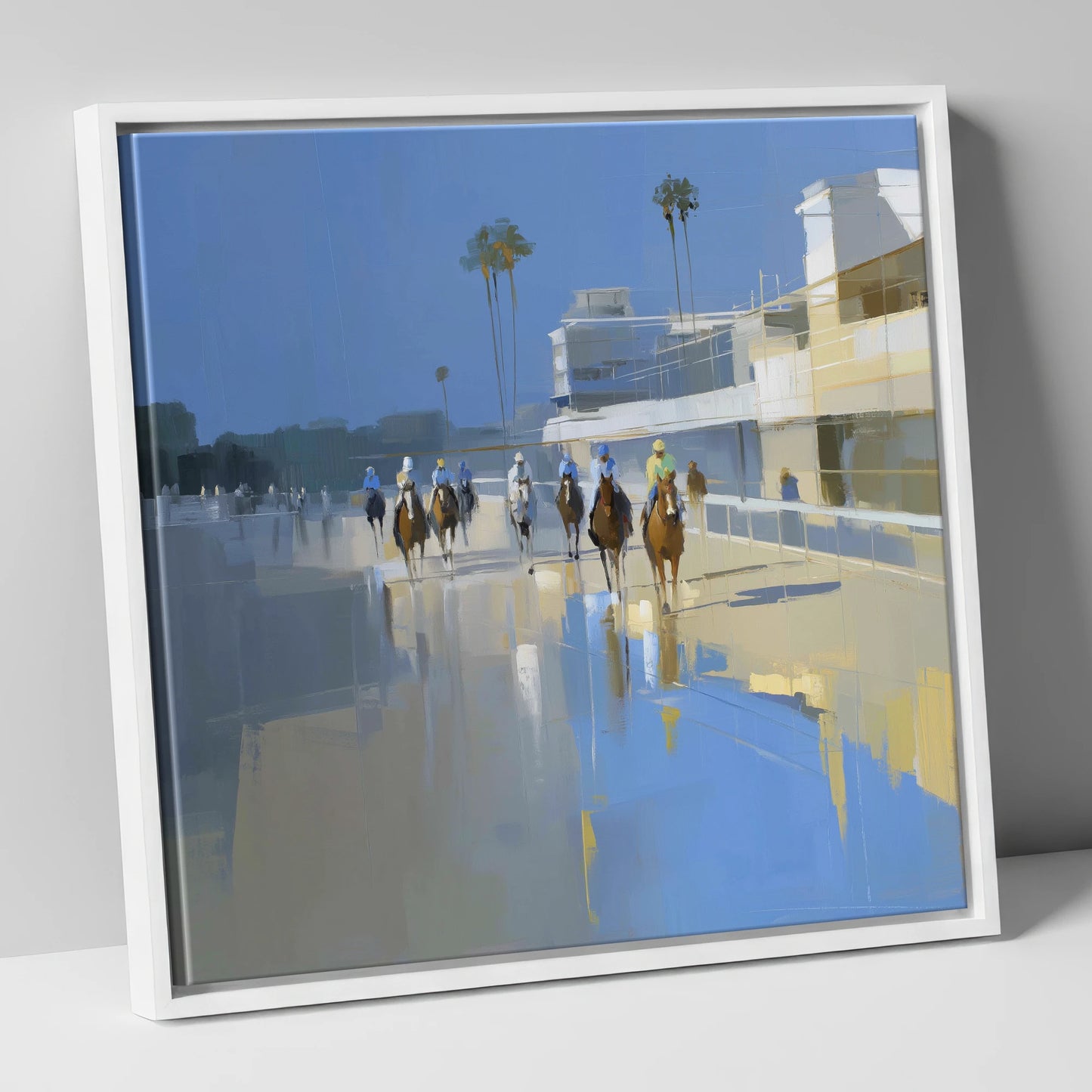 Race Day Reflections racing horse canvas wall art in white frame