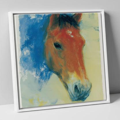 Expressive Cerulean Equine Study horse portrait canvas wall art in white frame