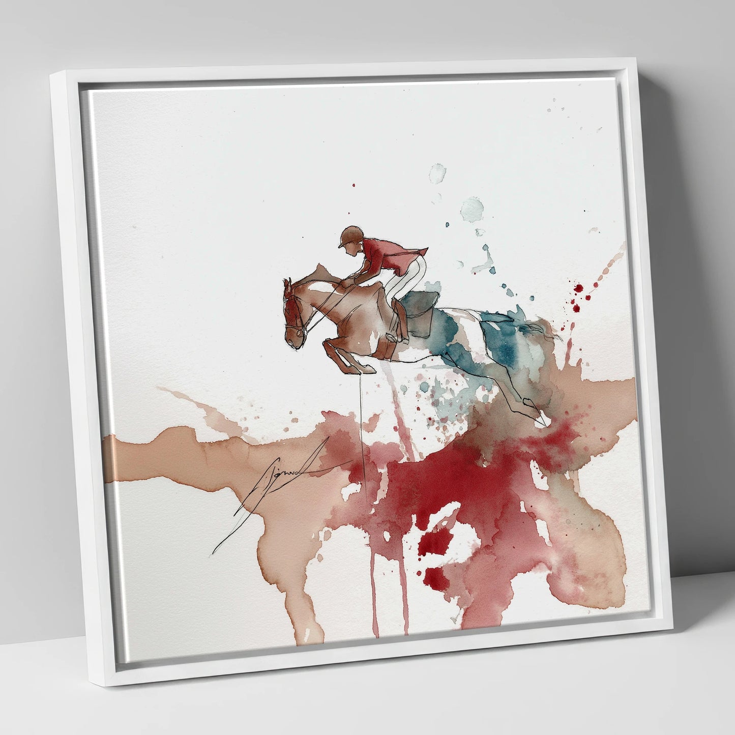 Crimson Flight show jumping horse canvas wall art in white frame