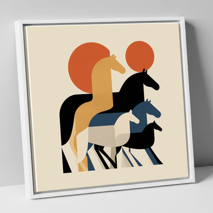 Geometric Sunrise Herd wild horses canvas wall art in white frame