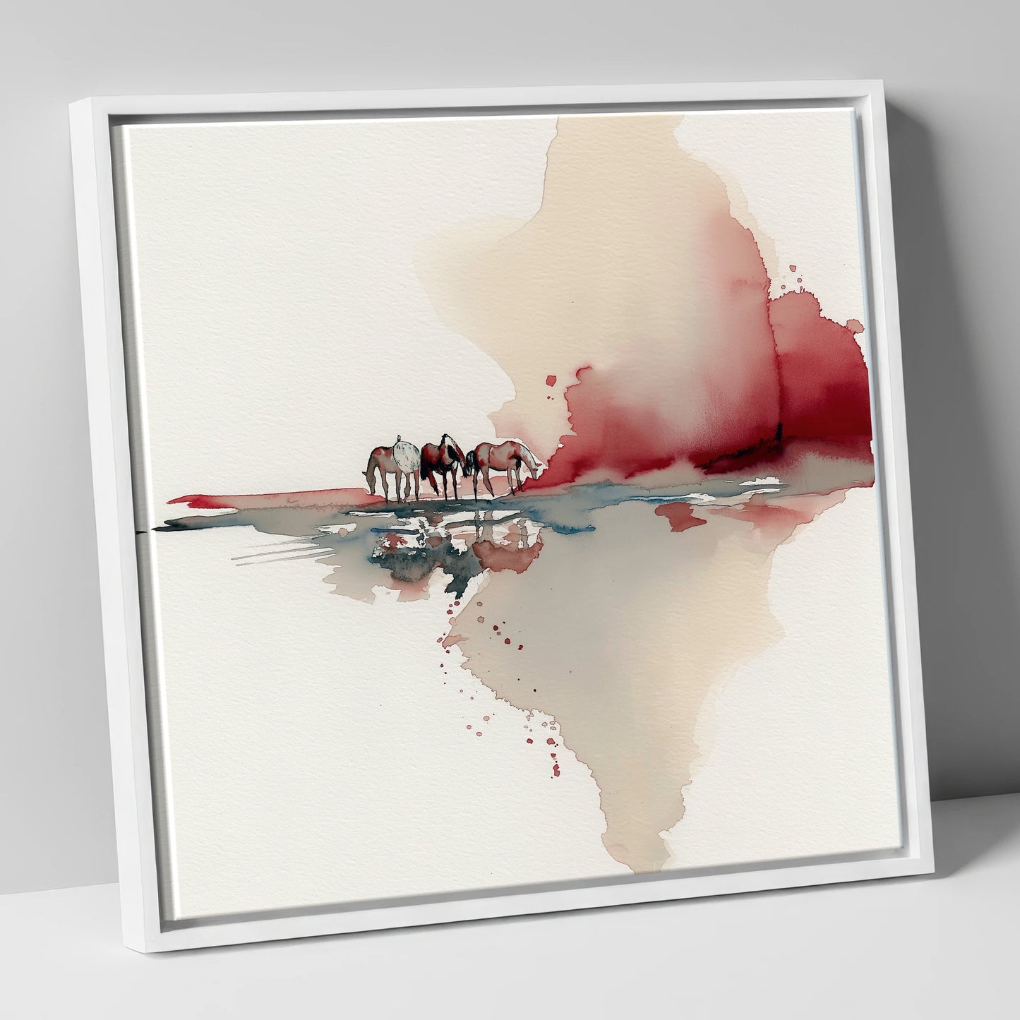 Crimson Reflections horse landscape canvas wall art in white frame