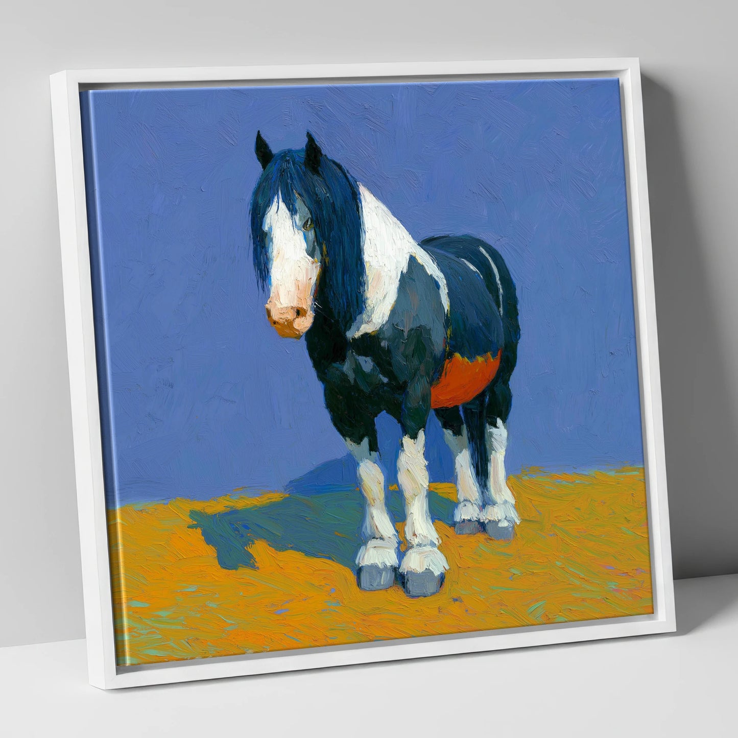 Sun-Drenched Coloured Cob horse breed canvas wall art in white frame