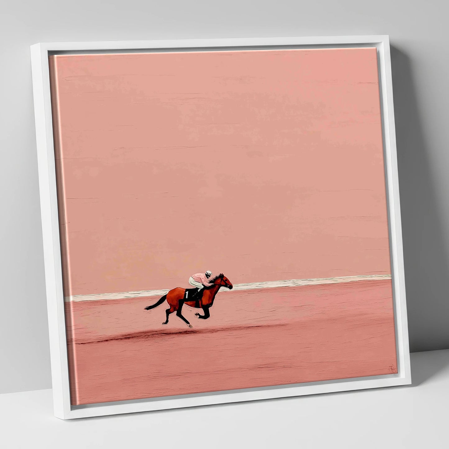 Dusty Rose Stretch racing horse canvas wall art in white frame