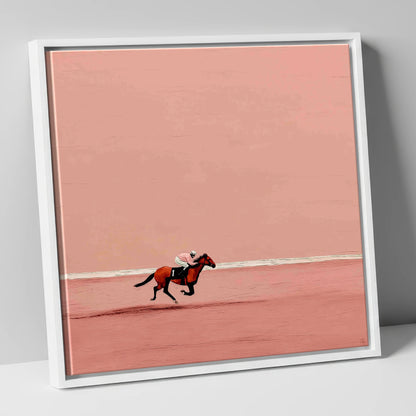 Dusty Rose Stretch racing horse canvas wall art in white frame
