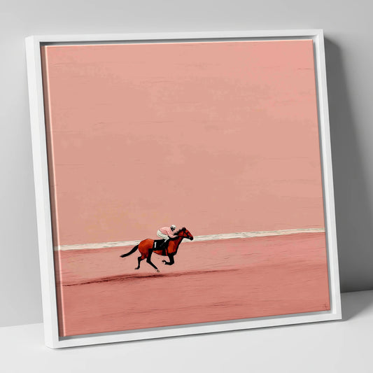 Dusty Rose Stretch racing horse canvas wall art in white frame