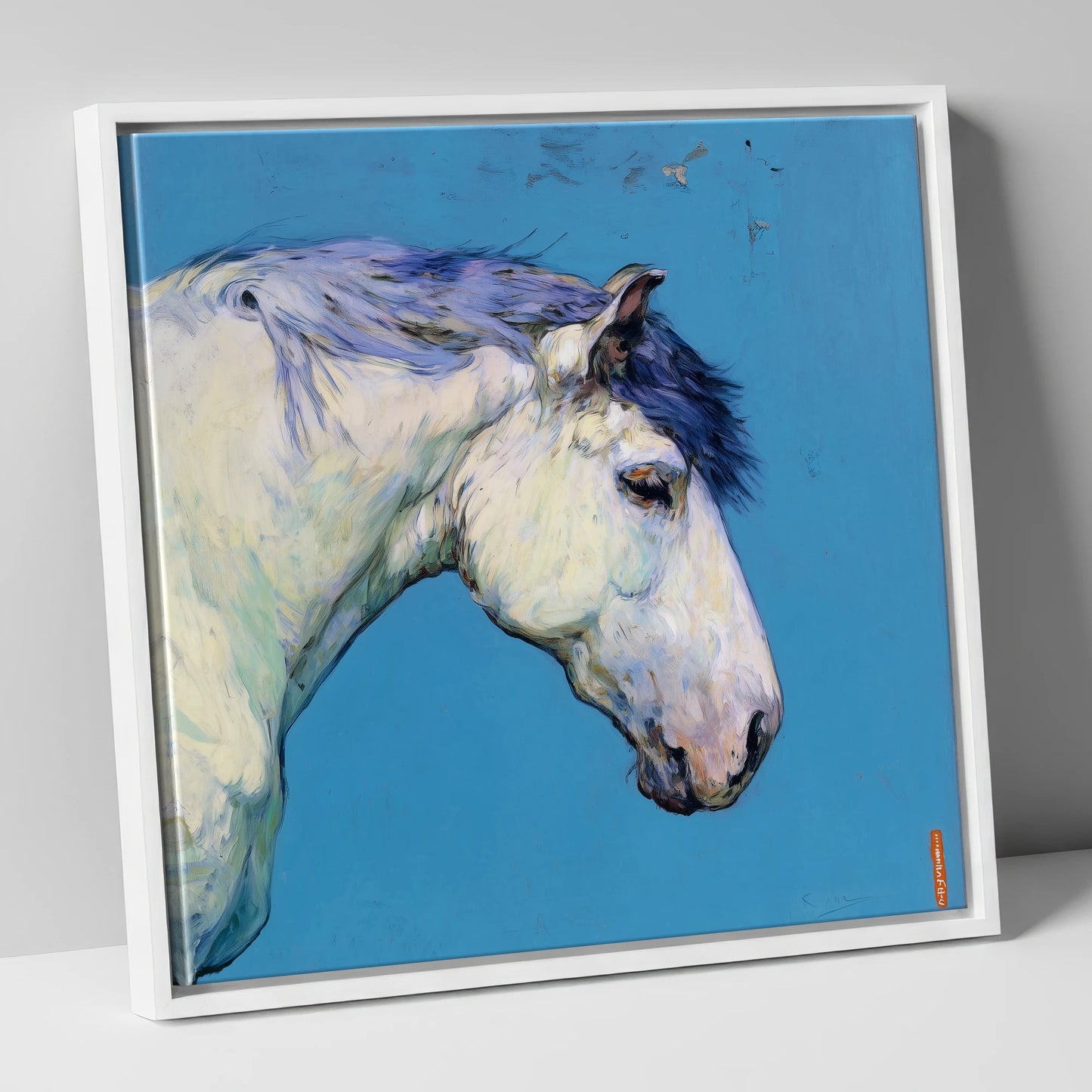 The Azure Grey horse portrait canvas wall art in white frame
