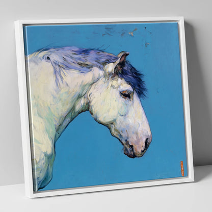 The Azure Grey horse portrait canvas wall art in white frame