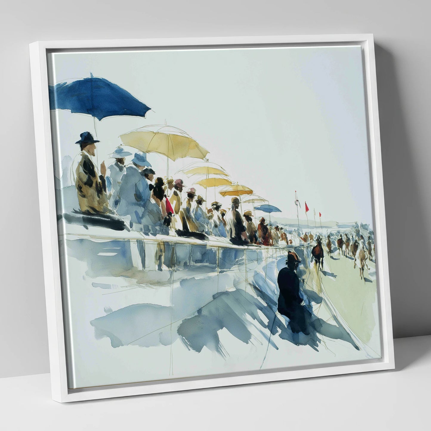 Gathering at the Rails racing horse canvas wall art in white frame