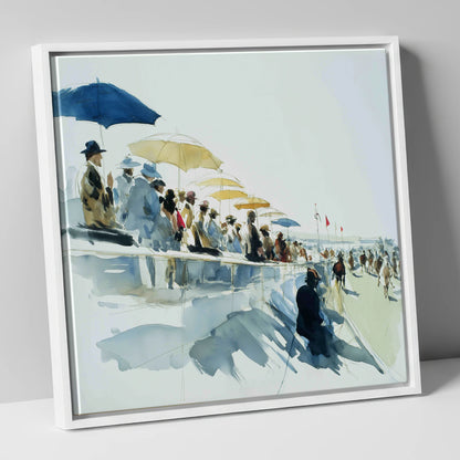 Gathering at the Rails racing horse canvas wall art in white frame
