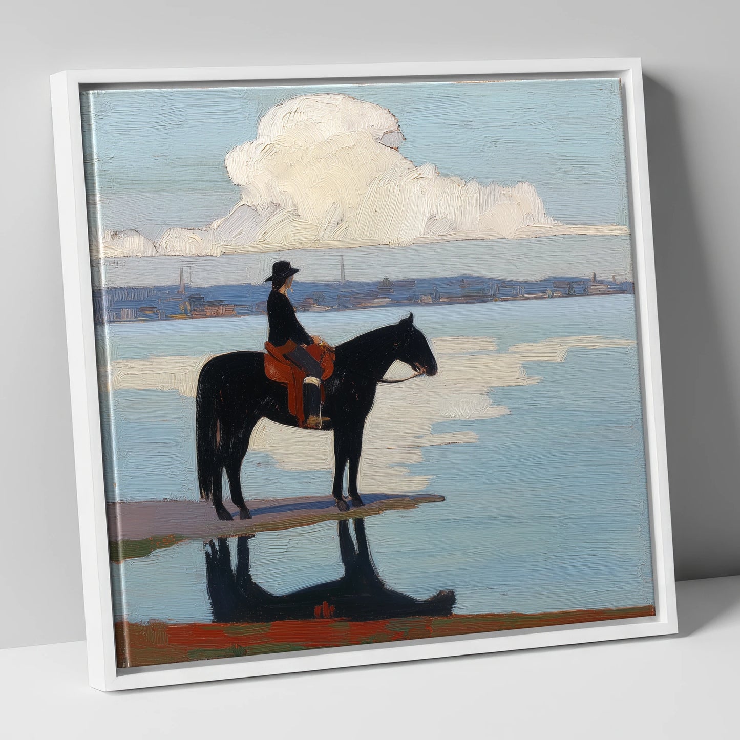 Solitude at the Shore beach horse canvas wall art in white frame