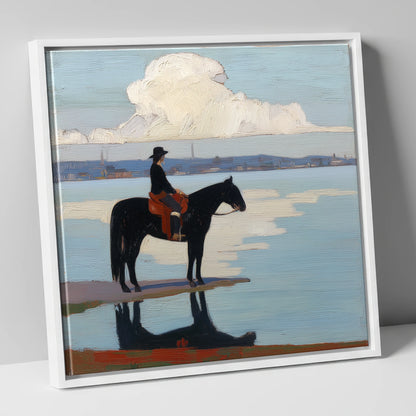 Solitude at the Shore beach horse canvas wall art in white frame
