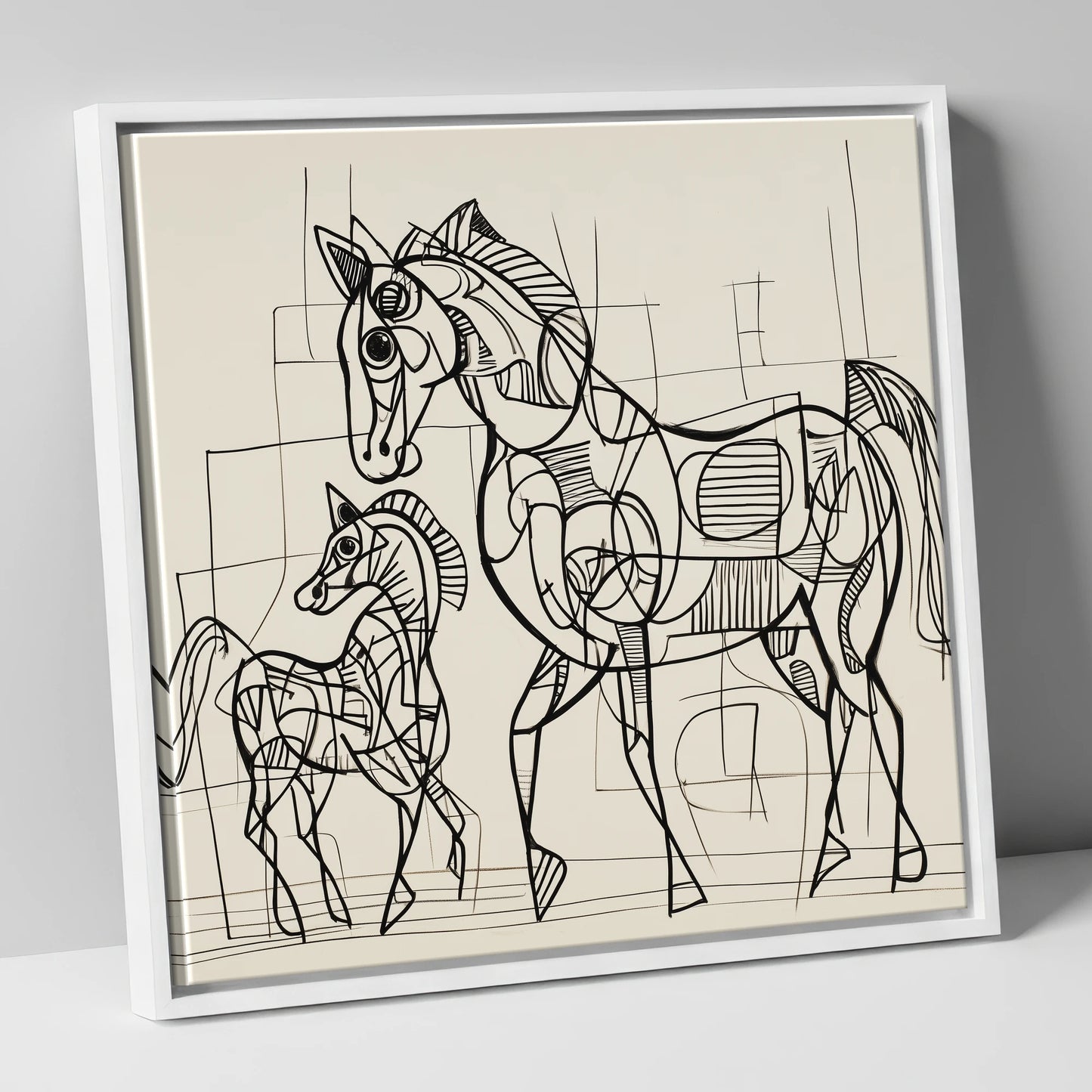 Linear Connection mare & foal canvas wall art in white frame